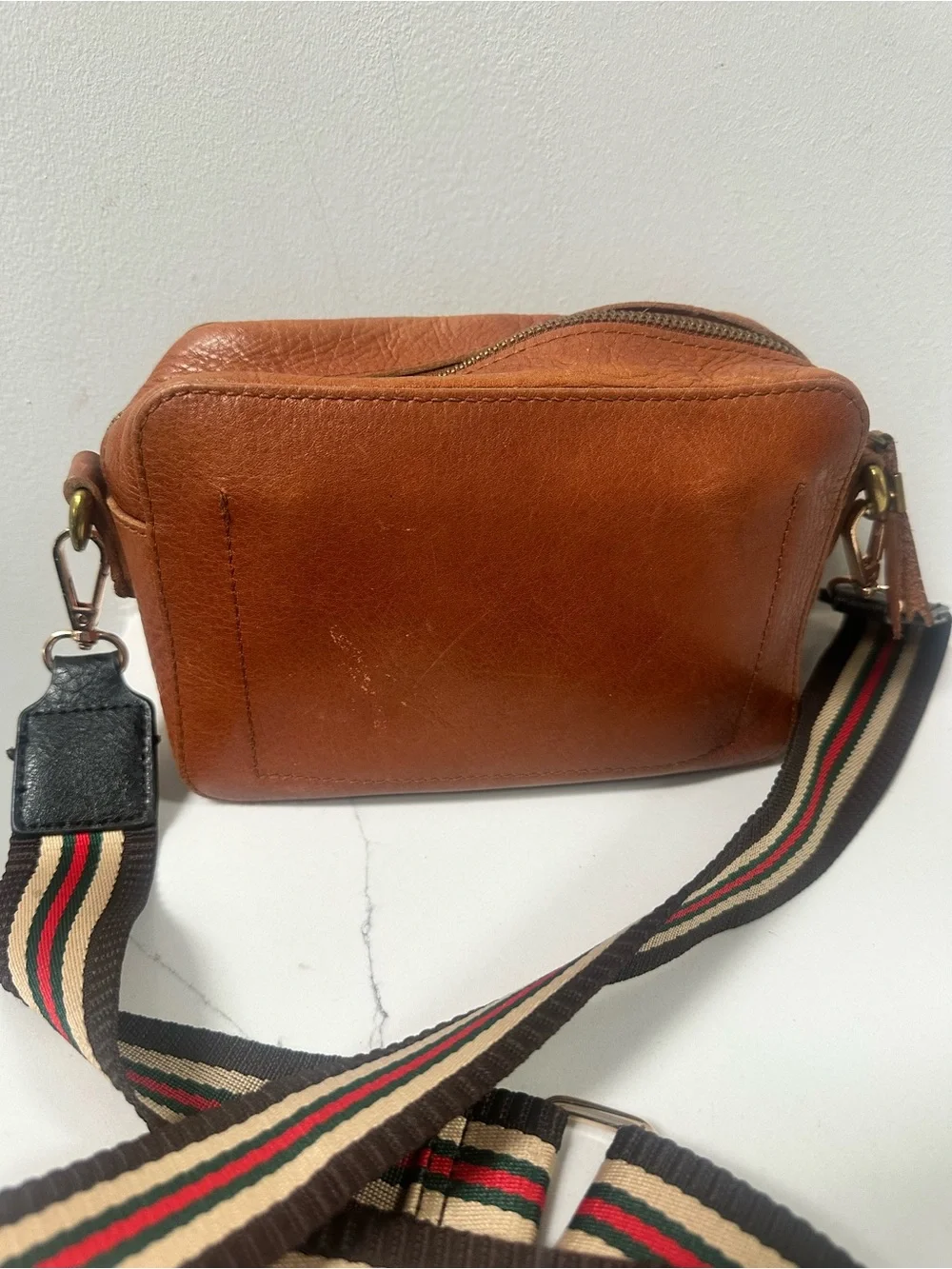 Madewell Leather camera Crossbody Bag with unbranded Striped Adjustable Strap